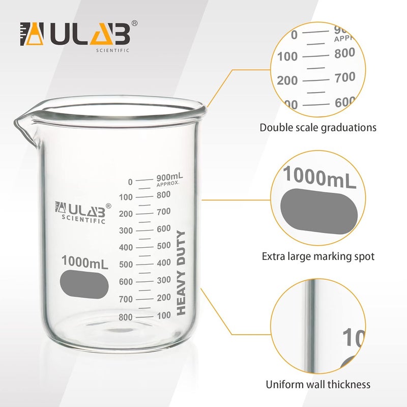 ULAB Heavy Duty Glass Beakers, Vol.1000ml (33.8oz), Borosilicate 3.3 Glass, Thick Wall Beakers, with Double Scale, Superior Durability & Chemical Resistance, UBG1064 - Image 3
